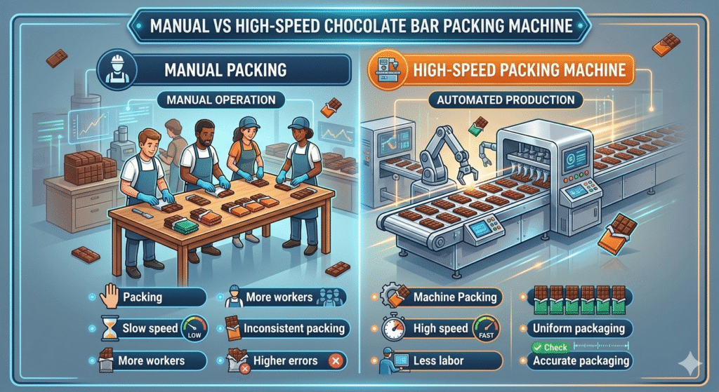 Manual packing vs High Speed Chocolate Bar Packing Machine 